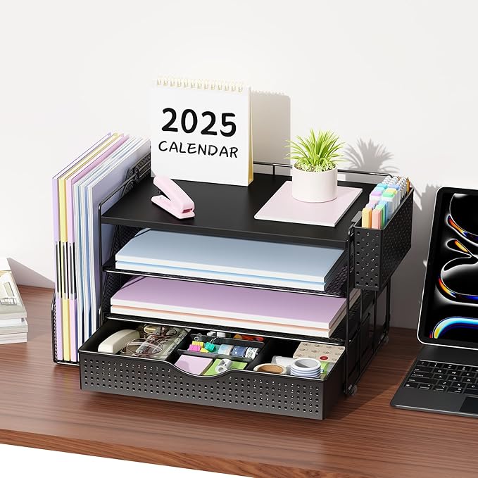 Wood Desk Organizers and Accessories with File Holder, 4-Tier Desk Accessories & Workspace Organizers with Drawer and Pen Holder, Paper Organizer for Office Supplies (Black)