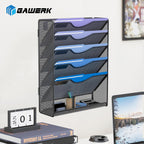 6 Tier Hanging File Organizer, Mesh Wall File Holder Paper Folder Rack with Bottom Flat Tray for Office Home, Black