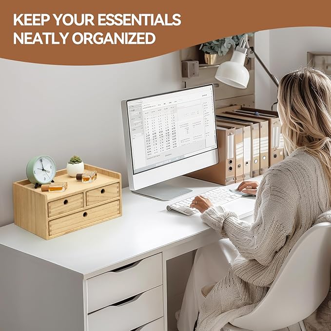 KIRIGEN Wood Organizer Shelf with 3 Drawers for Home Kicthen Decor Office Supplies Desktop Cabinet for Drawer Organizer - Desk Accessories Storage Box -Countertop Shelf Natural（DT2D3C-NA）