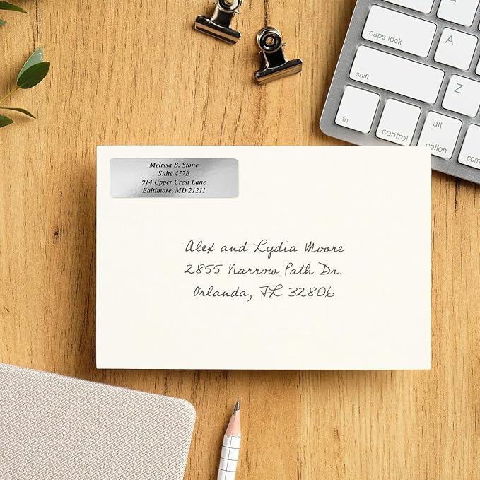 Silver Foil Personalized Return Address Labels with Elegant Dispenser - Roll of 500 Custom Stickers