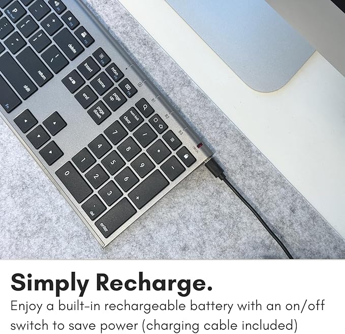 Macally Wireless Bluetooth Keyboard for Mac - Compatible Apple Keyboard or MacBook Pro/Air, iMac - Multi-Device, Up to 3 Devices with 110 Keys, 20 Shortcuts, Numeric Keypad, and Rechargeable