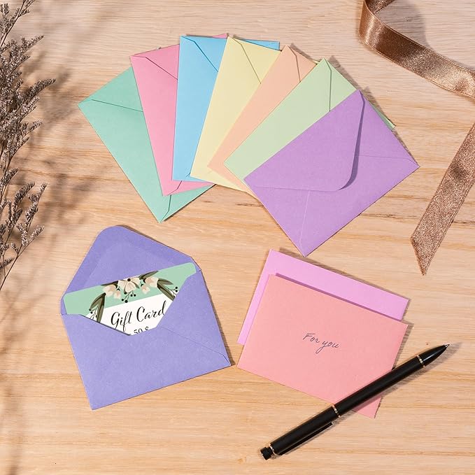 Gift Card Envelopes - 100-Count Mini Envelopes, Paper Business Card Envelopes, Bulk Tiny Envelope Pockets, 10 Pastel Colors, 4 x 2.7 Inches