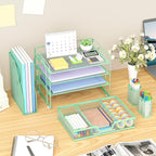 Marbrasse Desk Organizer and Accessories，4-Tier Paper Letter Tray Organizer with File Holder, Desk Accessories & Workspace Organizers with Drawer and 2 Pen Holder (Green, 15.4" x 9.1" x 8.3")