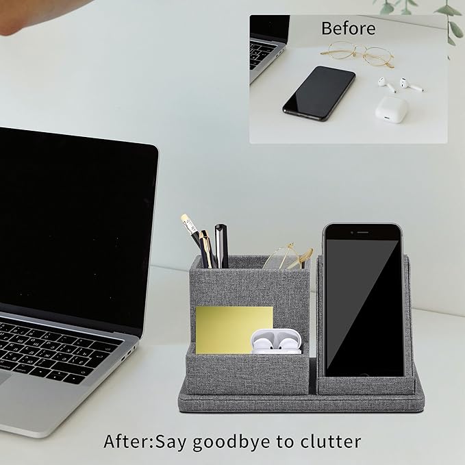 Multi-Function Pen/Pencil Holder-Linen Leathe Excellent Cell Phone Touch Screen Solution Holde-Business Card Holder/Sticky Note Tray,Desk Organizer for Office Supplies,Desktop Caddy,Grey