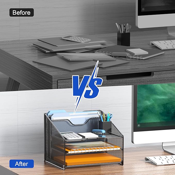 Samstar Desk File Organizer, Mesh Letter File Folder Holder with 3 Paper Trays and 2 Vertical Upright Section, for Office Supplies,Desk Accessories & Workspace,Black.