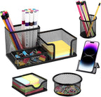 Mesh Pen Holder for Desk Pencil Holders 5 Pieces Desk Organizer Office Supplies Caddy with Sticky Notes Holder for Office School Home Black
