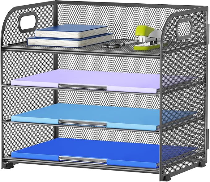 Marbrasse 4 Tier Paper Organizer Letter Tray - Mesh Desk File Organizer with Handle, Paper Sorter Organizer for Letter Office File Folder Holder (Grey, 12.6" x 9.1" x 10.7")