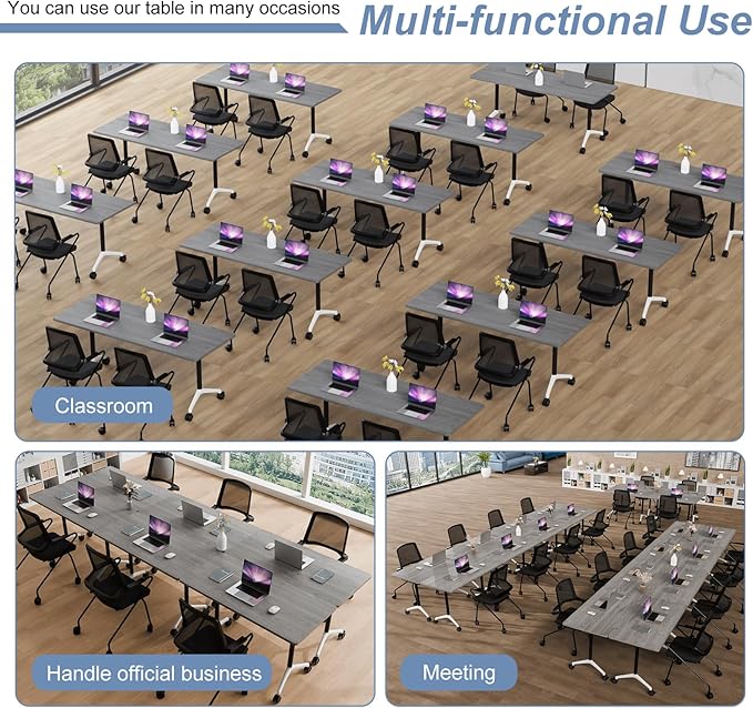 Folding Conference Table, Mobile Training Table for Office Conference, Modern Modular Rectangular Work Desk Meeting Seminar Work Tables with Caster Wheels, Large Breakroom Tables (8Pack L47.2in)