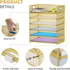 Marbrasse 2 Pack Desk Organizer with Handle, 6 Tier Paper Letter Tray, Mesh Desk File Organizer for Office, School and Home - Gold