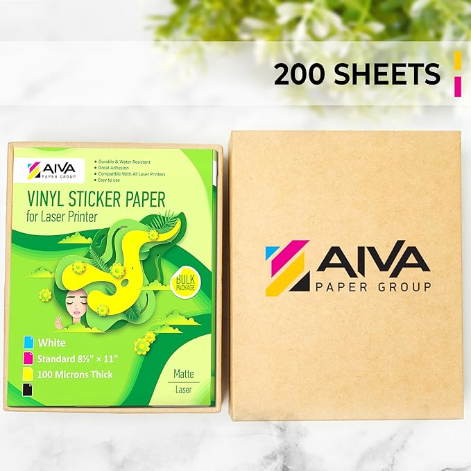 Printable Vinyl Sticker Paper for Laser Printer - Matte White - 200 Self-Adhesive Sheets - Waterproof Decal Paper - Standard Letter Size 8.5"x11"