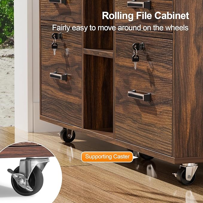 VINGLI Dark Brown Wood Lateral File Cabinet with Lock, 4 Drawer & 4 Open Shelves, Rolling File Cabinet for Home Office, Letter Sized