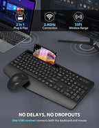 Wireless Keyboard and Mouse Combo - Full-Sized Ergonomic Keyboard with Wrist Rest, Phone Holder, Sleep Mode, Silent 2.4GHz Cordless Keyboard Mouse Combo for Computer, Laptop, PC, Mac, Windows -Trueque
