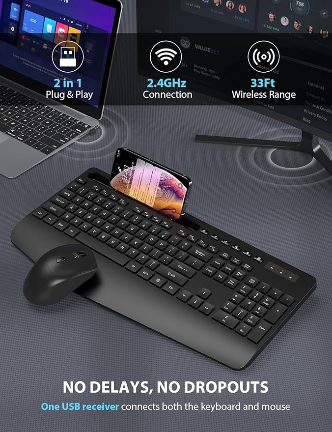 Wireless Keyboard and Mouse Combo - Full-Sized Ergonomic Keyboard with Wrist Rest, Phone Holder, Sleep Mode, Silent 2.4GHz Cordless Keyboard Mouse Combo for Computer, Laptop, PC, Mac, Windows -Trueque