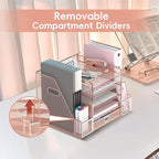 SUPEASY Mesh Desk Organizer with File Holder, 5-Tier Paper Letter Tray Organizer with Magazine Holder, Desktop Organizer and Storage with Drawer for Office Supplies Home or School, Rose Gold