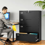 SISESOL 4 Drawer Lateral File Cabinet with Lock,Black Lateral Filing Cabinet,Horizontal Metal Filing Cabinet,Locked Wide Four Drawer File Cabinet for Office Home,Fit A4/F4/Letter/Legal File