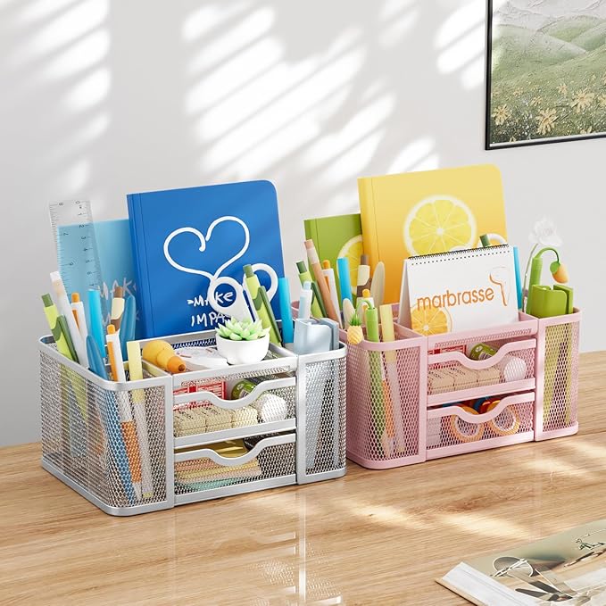 Marbrasse Mesh Desk Organizer, Pen Organizer with 2 Drawer, Multi-Functional Pencil Holder, Desk Organizers and Accessories with 5 Compartments + Drawer for Office Art Supplies (Pink)
