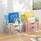 Marbrasse Mesh Desk Organizer, Pen Organizer with 2 Drawer, Multi-Functional Pencil Holder, Desk Organizers and Accessories with 5 Compartments + Drawer for Office Art Supplies (Silver)