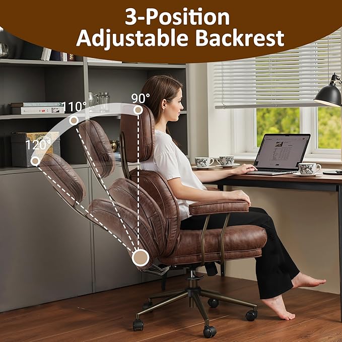 Faux Leather Executive Office Chair - Big and Tall Ergonomic Home Office Chair,Reclining Computer Desk Chair w/Lumbar Support,Adjustable Task Chair Swivel Rolling Chair with Wheels,Dark Brown,Suede