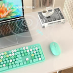Colorful Wireless Computer Keyboard and Mouse Combo with Round Typewriter Keycaps, Retro Design, Power Switch, Ergonomic Design, 2.4GHz Wireless for Windows, Mac, PC(Green-Colorful)