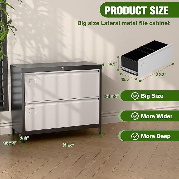 Metal 2 Drawer Lateral File Cabinet with Lock & Adjustable Feet - Wide Filing Cabinet for Letter/Legal/F4/A4 Hanging Files - Includes Business Card Holder,Home Office School Storage,Black/Grey