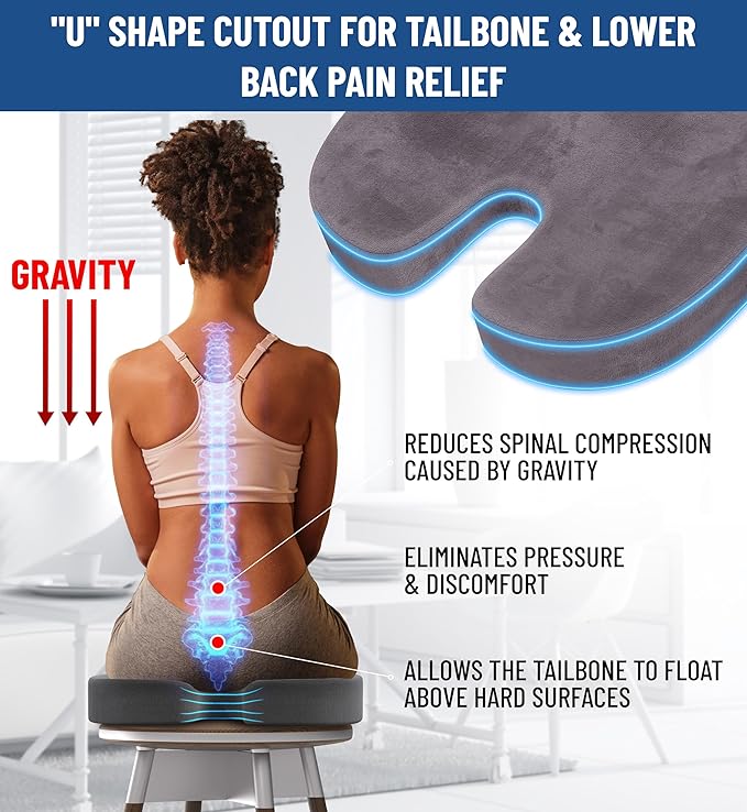 Everlasting Comfort Doctor Recommended Memory Foam Seat Cushion for Office Chairs & Car Seat - Ergonomic Office Desk Accessories for Tailbone Pain Relief, Sciatica & Back Support