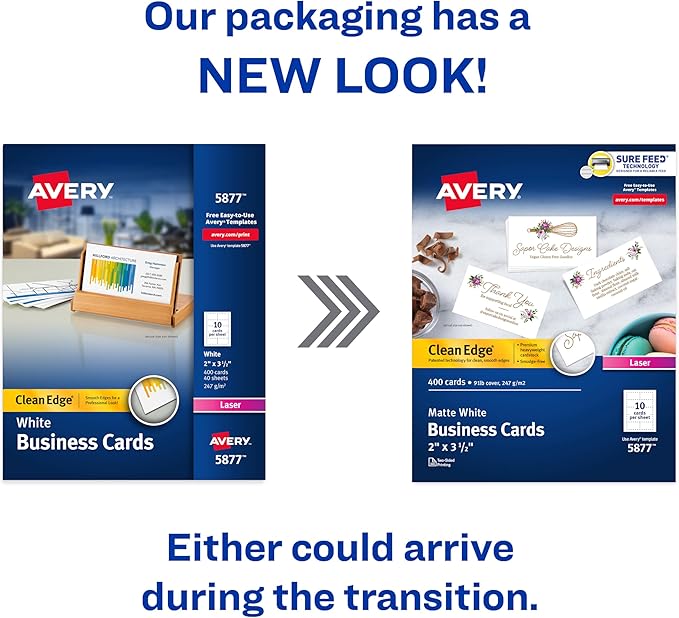 Avery Clean Edge Printable Business Cards with Sure Feed Technology, 2" x 3.5", White, 400 Blank Cards for Laser Printers (5877)