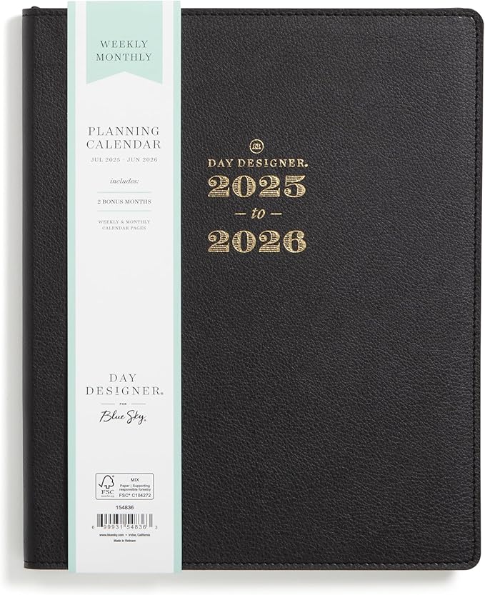 Blue Sky Day Designer 2025-2026 Academic Year Weekly and Monthly Planner Calendar, July 2025 - June 2026, 12-Month, 8" x 10", Faux Leather Cover, Bookbound, Black