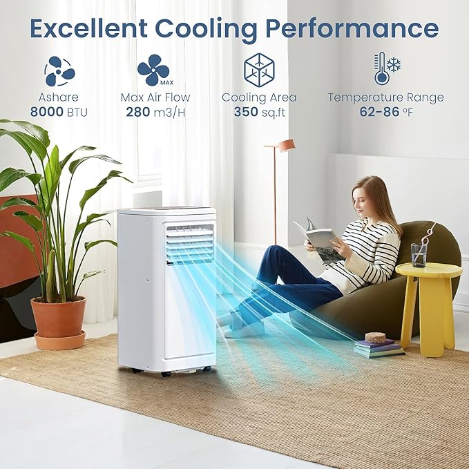 ZAFRO Portable Air Conditioners, 8000 BTU, 3 in 1 Portable AC Unit with Window Kits, Fan & Dehumidifier Modes, Cools up to 350 Sq.Ft, LED Display/Remote Control, 24H Timer for Living Room, Bedroom