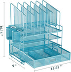 Marbrasse Desk Organizers, 4-Tier Mesh Desk File Organizer with 5 Vertical File Holders and 2 Pen Holders, Multifunction Desktop Organizer,Desk Organizers and Accessories for Home Office (Blue)