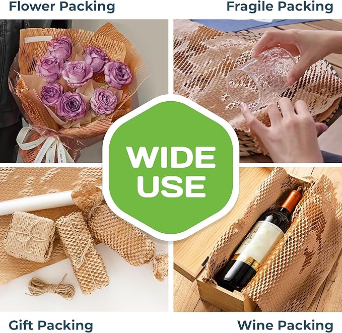 HexcelWrap Honeycomb Packing Paper - Eco-Friendly, Sustainable Paper Bubble Wrap for Shipping and Moving, Cushioned Packing Material. No Tape Needed - White, 12" x 1400'