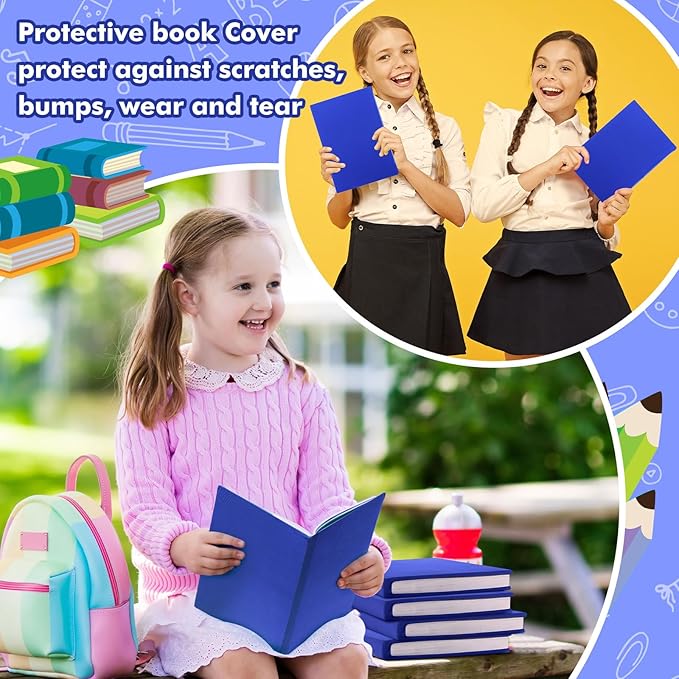 Sherr 14 Pack Stretchable Book Covers Reusable Jumbo Bookcloth 9" x 11" Durable Washable Back to School Book Cover Protector for Most Hardcover Books Textbooks(Blue,Classic)