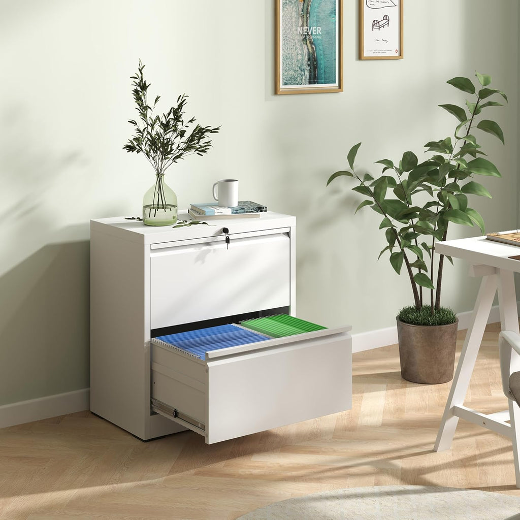 2 Drawer Lateral File Cabinet with Lock, 26.8" Wide Metal Filing Cabinets for Home Office, Steel Storage File Cabinet for Letter/Legal/F4/A4 Size with Hanging Bars, Assembly Required(White)