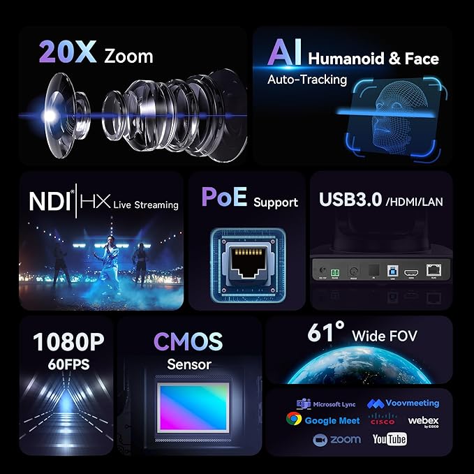 Tenveo NDI PTZ Camera AI Humanoid & Face Auto-Tracking, HDMI/LAN/USB3.0 PoE PTZ Camera 20X Optical Zoom IP Live Streaming, FHD 1080P 60FPS, for Church Services Worship Video Conference Live Streaming