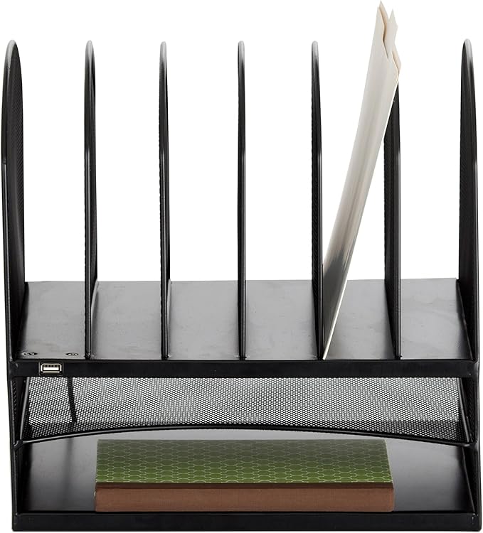 Safco 3233BL Onyx Mesh Powered Charging Station Desktop Organizer with 6 Vertical, 2 Horizontal Sections and USB Port, Black, 13.25"W x 11.5"D x 13"H