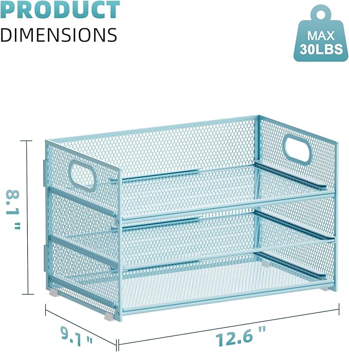 Marbrasse 3 Tier Paper Organizer Letter Tray, Mesh File Organizer with Handle, Paper Sorter Desk Organizer for Home Office Supplies - 2p Blue