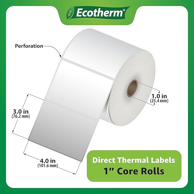4" x 3" Thermal Labels | 6 Rolls | 5580 Labels | fits Zebra, Munbyn, Rollo, Godex, Arkscan, iDPRT, Offnova Thermal Label Printers and More | Blank White Adhesive Stickers by Ecotherm