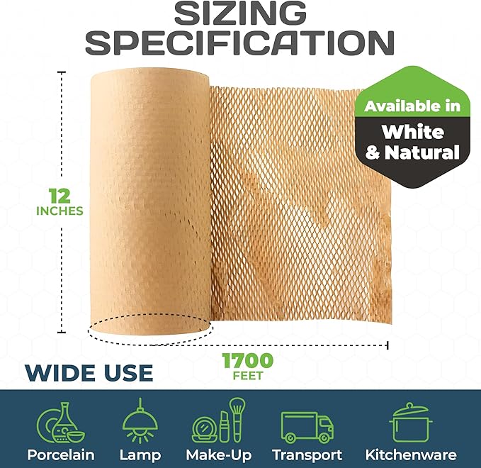 HexaFil Honeycomb Packing Paper - Eco-Friendly, Sustainable Filler for Shipping and Moving, Cushioned Packing Material in Dispenser Box, Alternative to Bubble Wrap - Natural, 12" x 1700'