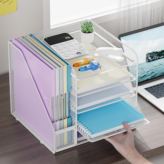 Marbrasse Desk Organizers and Accessories, 5-Tier Paper Letter Tray Organizer with File Holder, Mesh File Organizer, Office Desk Accessories & Organization for Supplies (White)