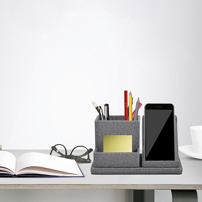 Multi-Function Pen/Pencil Holder-Linen Leathe Excellent Cell Phone Touch Screen Solution Holde-Business Card Holder/Sticky Note Tray,Desk Organizer for Office Supplies,Desktop Caddy,Grey