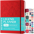 Legend Planner PRO – Deluxe Weekly & Monthly Life Planner to Increase Productivity and Hit Your Goals. Time Management Organizer Notebook – Undated – 7 x 10" Hardcover + Stickers – Red