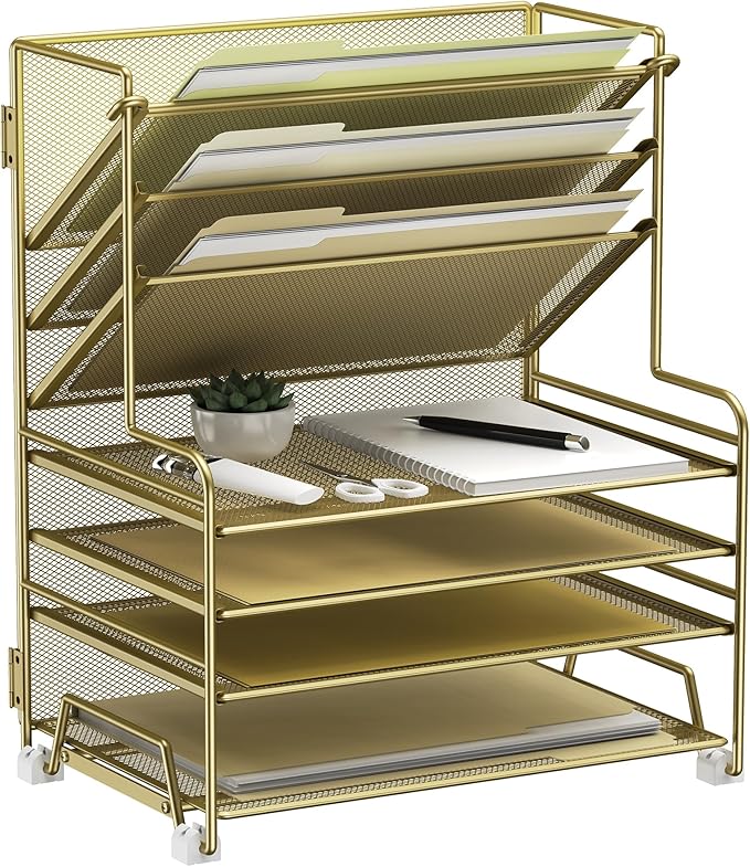 4-Tier Paper Organizer + 3-Pocket File Holder + Drawer + Pen Holders, Desktop File Organizers Paper Tray for Office Supplies School Classroom Organization (Gold, no Drawer & Pen Holder)