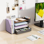 Wood Desk Organizers and Accessories with File Holder, 4-Tier Desk Accessories & Workspace Organizers with Drawer and Pen Holder, Paper Organizer for Office Supplies (Wood)