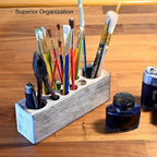 Whitewashed Wooden Pen Holder, Grey Solid Wood Desk Organizer, Rustic Paint Brush Holder and Art Supplies Organizer