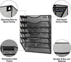 Wall File Organizer, 6 Tier Hanging File Folder Mail Organizer, Vertical Mesh Metal Wall Mount Hanging File Holder, Paper Document Magazine Rack for Home Office Black