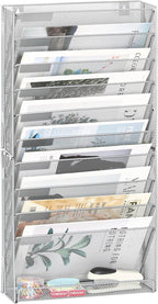 EasyPAG 11 Tier Wall File Holder with Flat Tray, Silver | Easy Assemble Mesh Desk File Organizer | 10-Folder Paper Storage | Replaceable Classify Labels | Space Saving Mail Organizer for Office Home