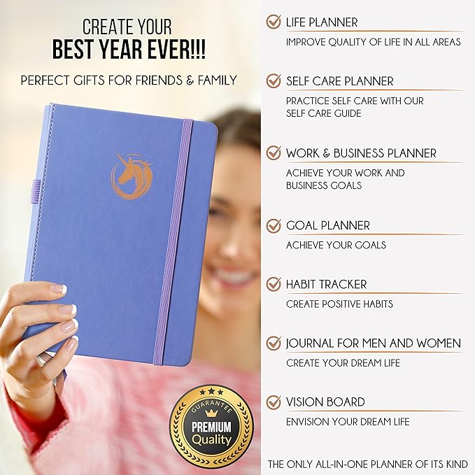 Life Planner - Undated Daily, Weekly & Monthly Planner with Budget Section | A 12 Month Journey to Increase Productivity & Happiness | Life Organizer & Gratitude Journal - Horizontal Format