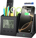 Multifunctional Pen Holder and Organizer for Desk with Wireless Charger, Digital Indoor Thermometer and Humidity Gauge, Home Office Organizers and Storage (Battery Included)