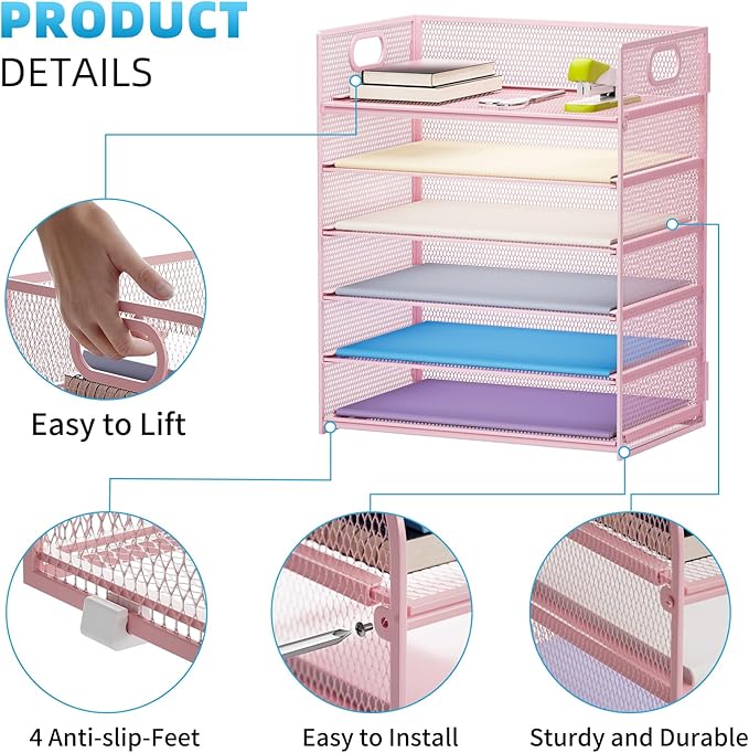 Marbrasse 6 Tier Paper Organizer Letter Tray - Mesh Desk File Organizer with Handle, Paper Sorter for Letter/A4 Office File Folder Holder -Pink