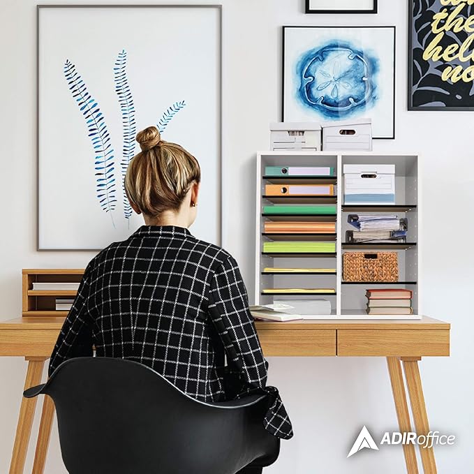 AdirOffice Wooden Adjustable organizerserature Organizer, 16 Compartment Office Mailbox, or Classroom Literature Organizer, White