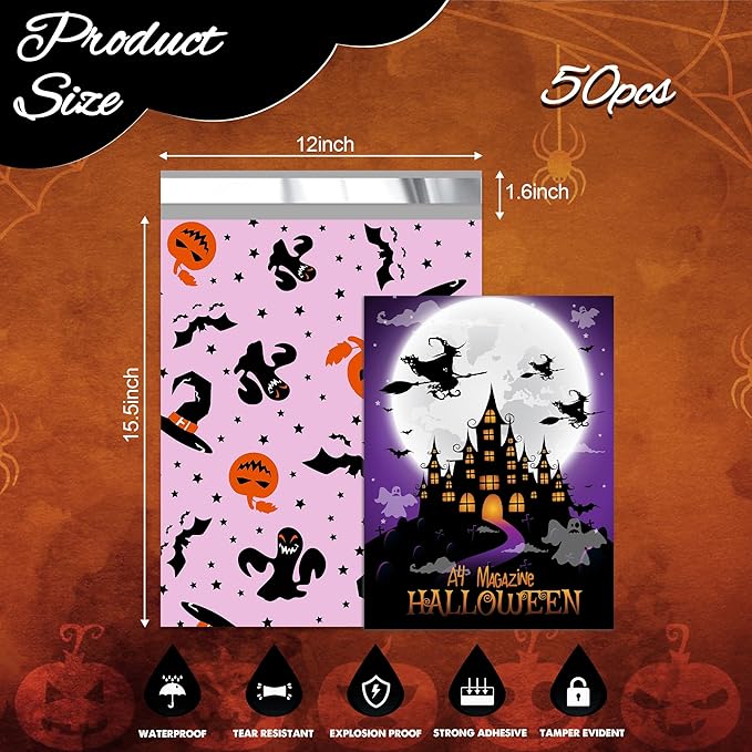 Halloween Poly Mailer 12x15.5 Inch 50 Pcs, Waterproof Shipping Bags for Clothing, Tear-Resistant Mailier Bags, Strong Mailing Bags with Self-Seal - Purple